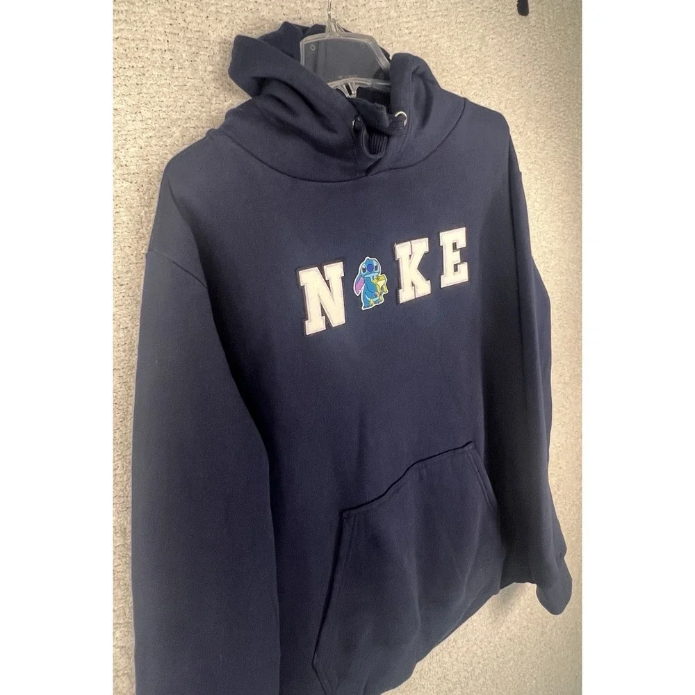 Fit Essentials Stitch  Patch Hoodie Mens L Navy Blue Spellout Disney EUC